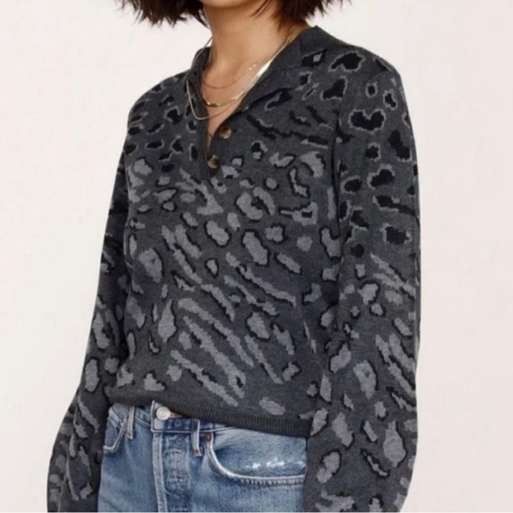 ✨ Heartloom Natalia Wool Blend Leopard Print Pullover Sweater in Charcoal Gray S
